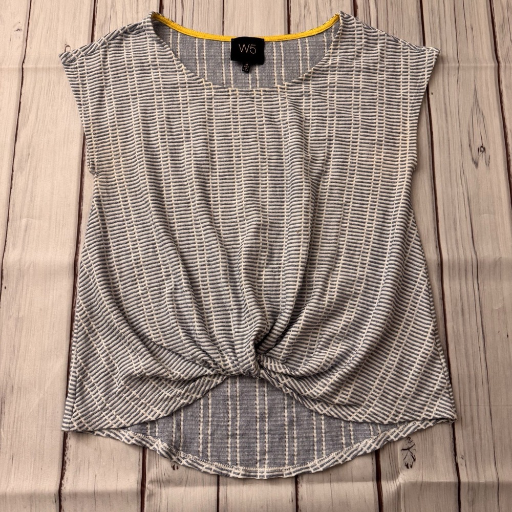 W5 Blue and White Striped Twist-Front Cap Sleeve Blouse